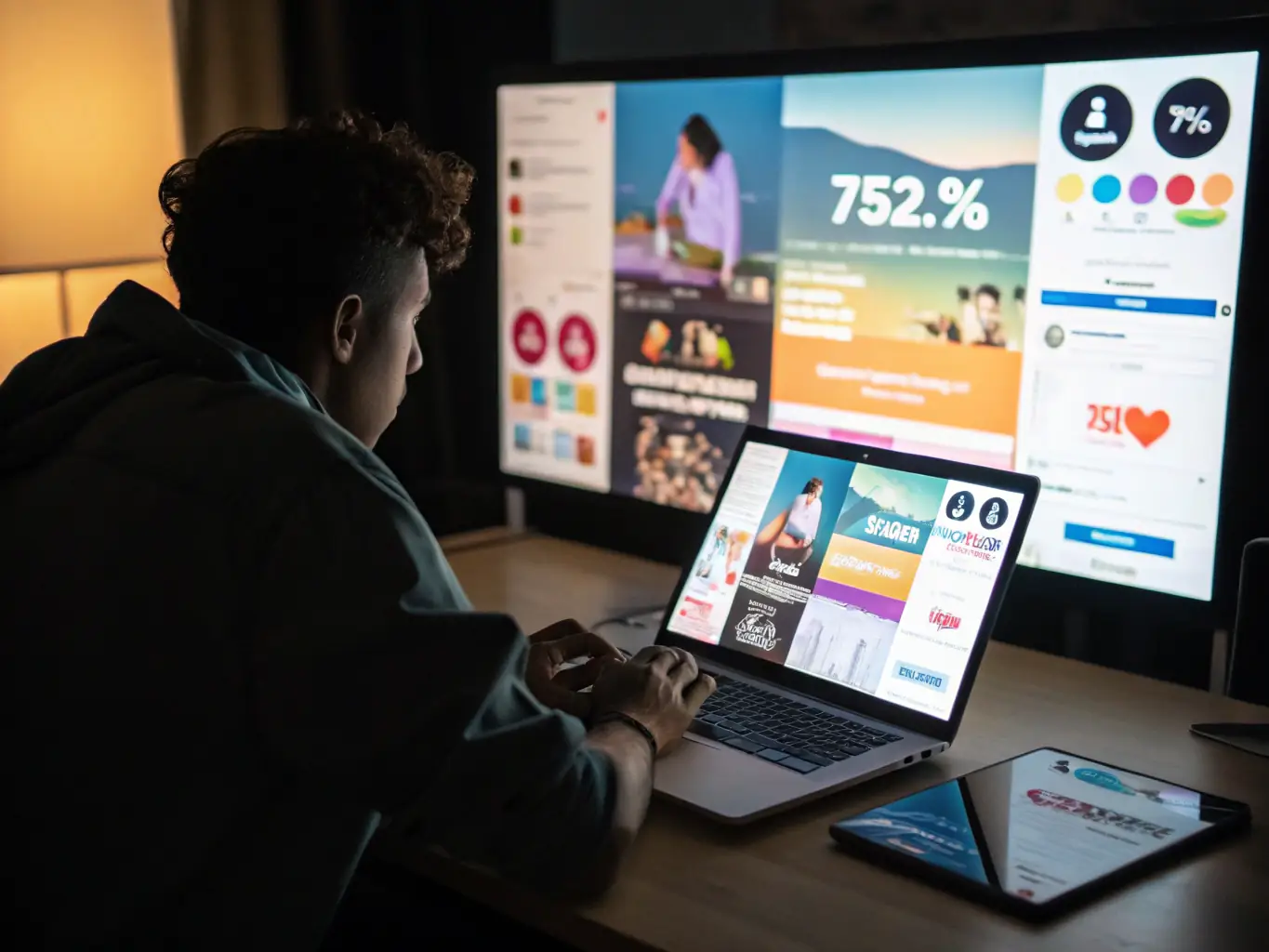A professional marketer analyzing Google Ads performance data on a computer screen, showcasing charts and graphs indicating campaign success and ROI improvement.